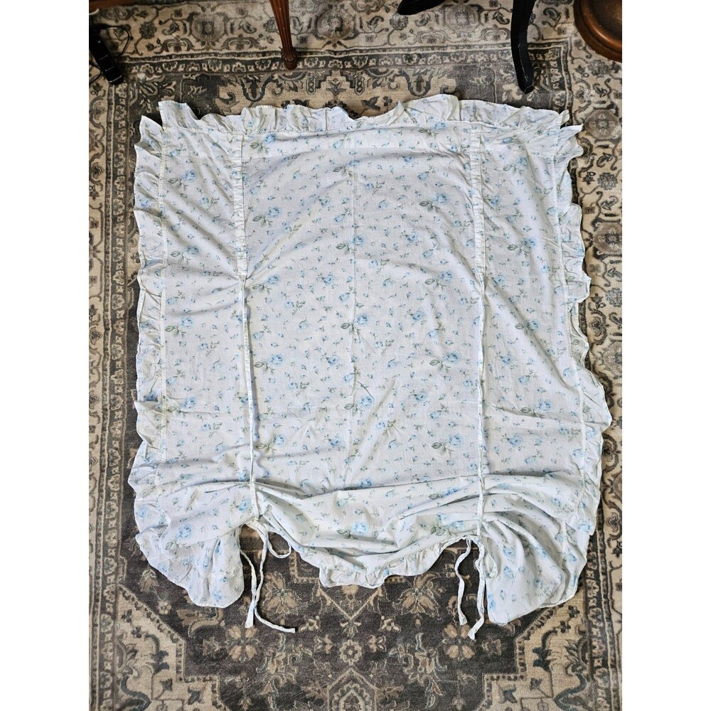 SIMPLY SHABBY CHIC Ruffled Tie Up Window Curtain Blue Roses Cottagecore Whimsy